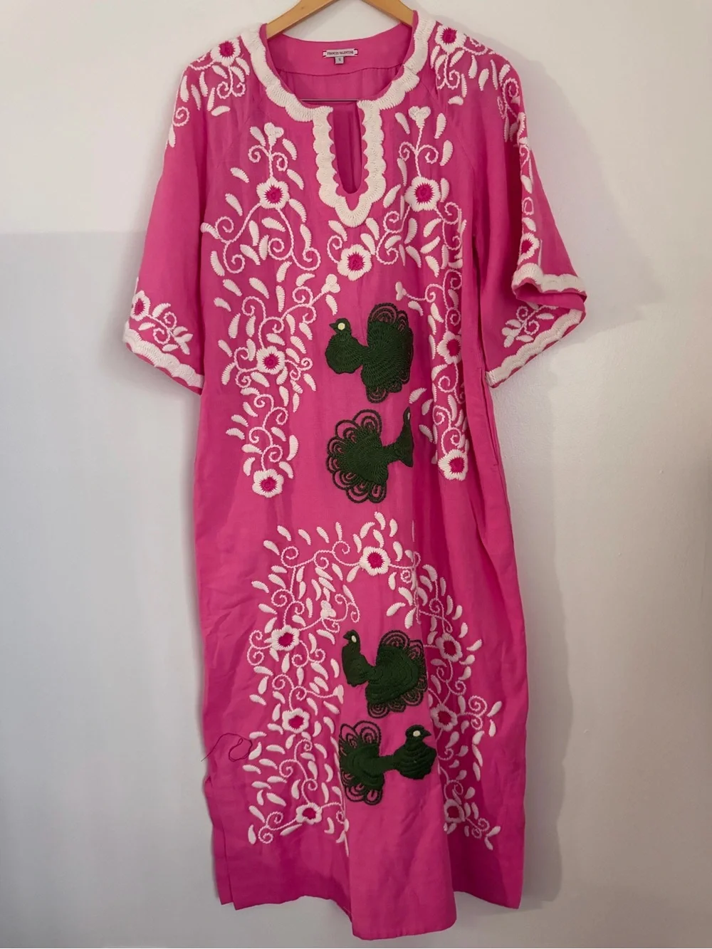 Frances Valentine Peacock Caftan Maxi Dress Women Small Pink Green White